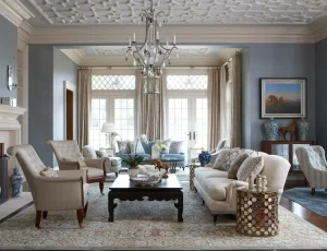 Traditional elegant style living room interior. Textured ceilings, coffee table.