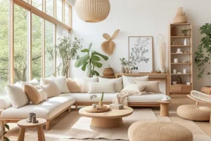 Japandi styled living room. white couches and light wooded floors with bamboo trees.
